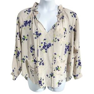Rebecca Taylor Silk Cream Floral Print Split Neck Long Sleeve Blouse Size L